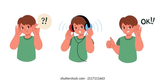 Boy can't hear anything. The child is wearing headphones and taking a hearing test. Boy has been healed, he can hear again.Vector flat illustration.Hearing exam for children.