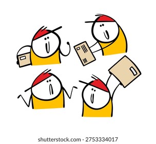 Boy with cap cartoon. Set of illustrations with employees from the delivery service in uniform. Vector collection courier holds a parcel. The confused cartoon boy lost the letter or message.