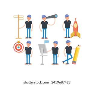 boy with cap characters in various poses set vector illustration
