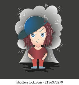 a boy in a cap is facing an explosion. isolated vector illustration