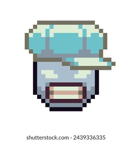 Boy in cap grey smiley pixel art icon, funny face, smile cartoon character. 8-bit flat style. Isolated abstract colorful vector illustration.