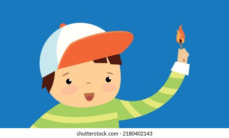 Boy in a cap holding a burning match