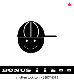 Boy with cap icon flat. Black pictogram on white background. Vector illustration symbol and bonus button open and closed lock, folder, star