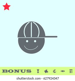 Boy with cap icon flat. Grey pictogram on blue background. Vector illustration symbol and bonus buttons medal, cow, earth, eye, calculator