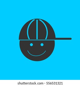 Boy with cap icon flat. Simple vector black pictogram on blue background