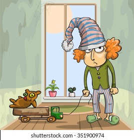 boy in a cap with old toys, vector illustration