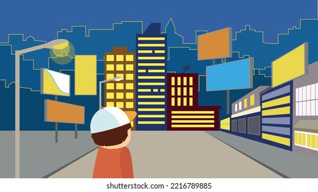 Boy in a cap on the street of the night city