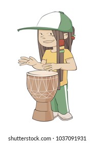 boy in a cap playing the drum. Vector illustration.