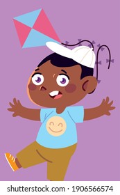 boy with cap playing and kite toy cartoon, children vector illustration