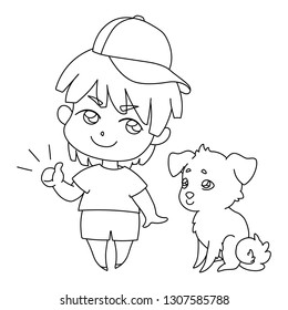 A boy in a cap plays with a dog, teaches a puppy of the "Sit" team, cartoon characters. Friendship dog and child. Vector illustration for coloring book, stencil, design, prints.