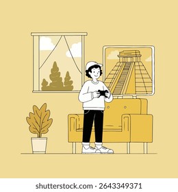 A boy in a cap plays video games at home, with a pyramid image on the TV screen. There is a plant and a window in the background.
