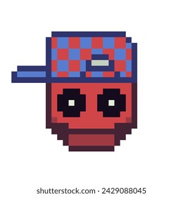 Boy in cap red smiley pixel art icon, funny face, smile cartoon character. 8-bit flat style. Isolated abstract colorful vector illustration.