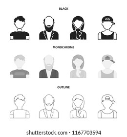 Boy in a cap, redheaded teenager, grandfather with a beard, a woman.Avatar set collection icons in black,monochrome,outline style vector symbol stock illustration web.