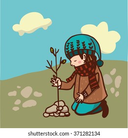 The boy in a cap and a scarf plants a tree, a children's illustration