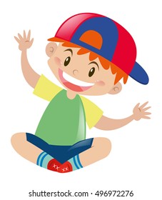 Boy with cap sitting on floor illustration