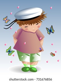 The boy in a cap, t-shirt, shorts, socks and sandals, folded his arms behind his back, embarrassed on a light background surrounded by butterflies and petals