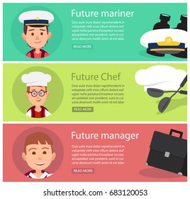 Boy in captain cap that dreams to be mariner, boy in chef hat that love cooking and boy that want to be a well off manager vector illustrations.