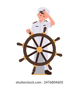 Boy captain kid cartoon character standing at helm saluting with greeting gesture isolated on white