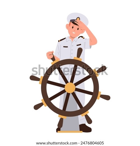 Boy captain kid cartoon character standing at helm saluting with greeting gesture isolated on white