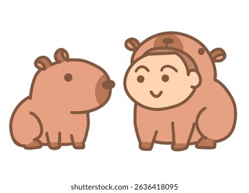 Um menino em um traje de capivara com uma capivara