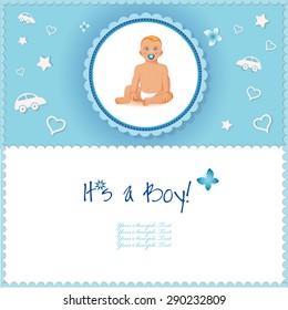 it's a boy card or background. 
Sweet little boy sitting and smiling with soother.
Realistic image.