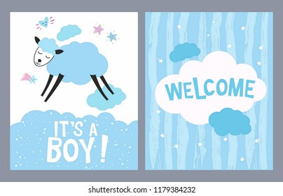 It's a boy card with cute blue sheep. Baby shower greeting cards 