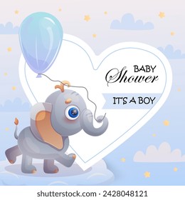 It's a Boy card and cute elephant with blue bow and air balloon. Vector illustration.