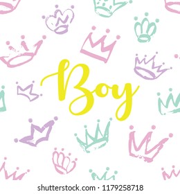 Boy card design. Hand drawn Crown pattern isolated on white background. Ink doodle crowns background for baby Prince. Children room fabric wallpaper, clothes texture. Vector illustration