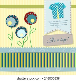 it's a boy card in scrapbook style with flowers and decorative elements