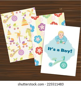 Its a boy card and seamless patterns set. Vector. Eps 10.