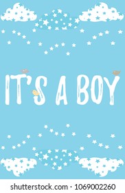 It's a boy card in turquoise blue with little birds vector illustration template on a blue background with clouds and stars