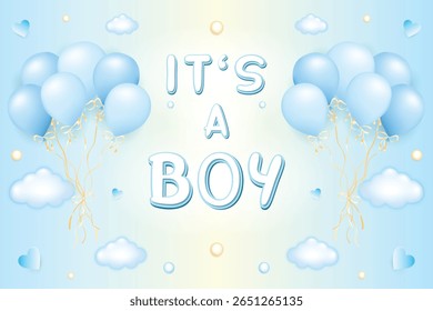 Es una tarjeta de niño, Ilustración vectorial con las palabras Es un niño y un montón de globos azules sobre un fondo azul con corazones, nubes y Elementos de decoración colorida, fácil de editar