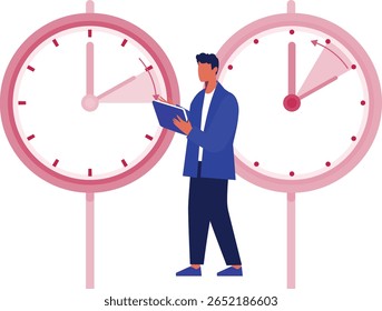 The boy carefully compares the times shown on two clocks, focusing intently as he notes the differences and similarities in their readings.