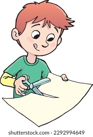 boy carefully cuts the paper with scissors