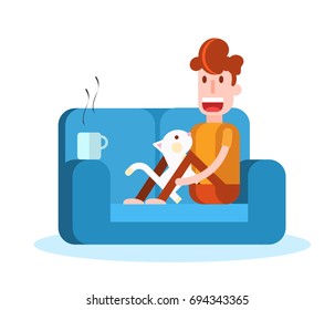 Boy Caressing a Cat on the Sofa. Isolated Flat Vector Illustration