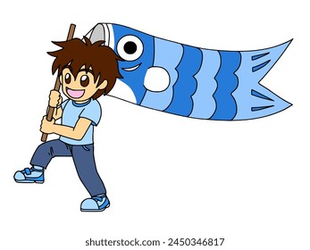 Boy with carp streamer color