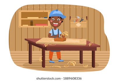 A boy carpenter processes a wooden board with a plane in the workshop. Flat cartoon vector illustration.