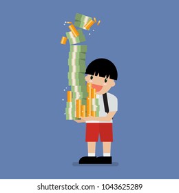 Boy carries a big pile of money. Vector illustration