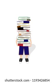 Junge trägt einen großen Stapel Bücher einzeln auf weißem Hintergrund, vertikale Vektorillustration