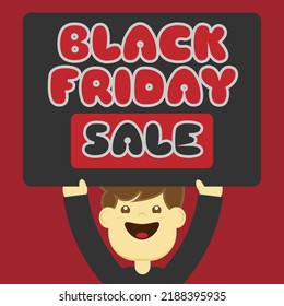 A Boy Carries A Black Board That Says Black Friday Sale. Suitable For Black Friday Events