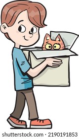 un chico lleva un gato en una caja