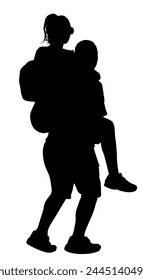 Boy carries girl on his back vector silhouette illustration isolated on white background. Funny game between friends. Couple in love situation. Closeness and tenderness. Boyfriend helps girlfriend.