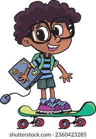 boy carries a laptop and rides a skateboard