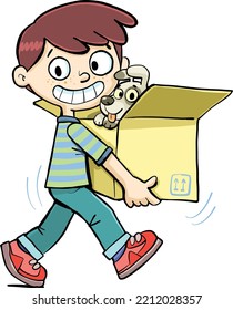 boy carries a small dog in a cardboard box