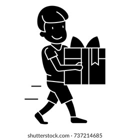 boy carring gift  icon, vector illustration, sign on isolated background
