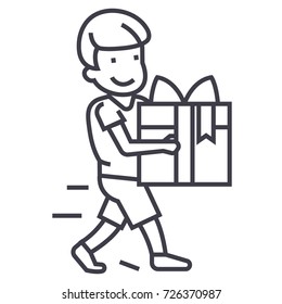 boy carring gift vector line icon, sign, illustration on background, editable strokes