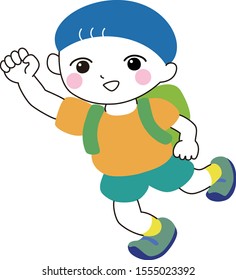A boy carrying a backpack laughs