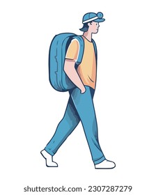 boy carrying backpack walking with speed isolated