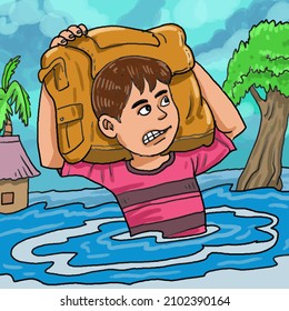 The boy carrying a bag across through the flood