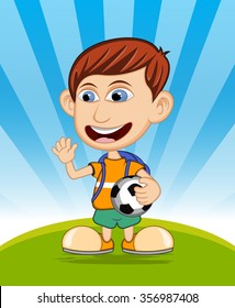 The boy carrying the ball and backpack is waving his hand vector illustration